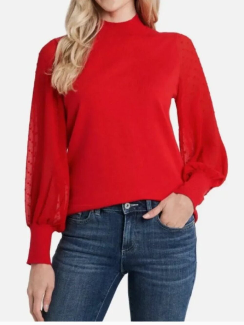 NWT CeCe Mock Neck Swiss Dot Sleeve Sweater Luminous Red M